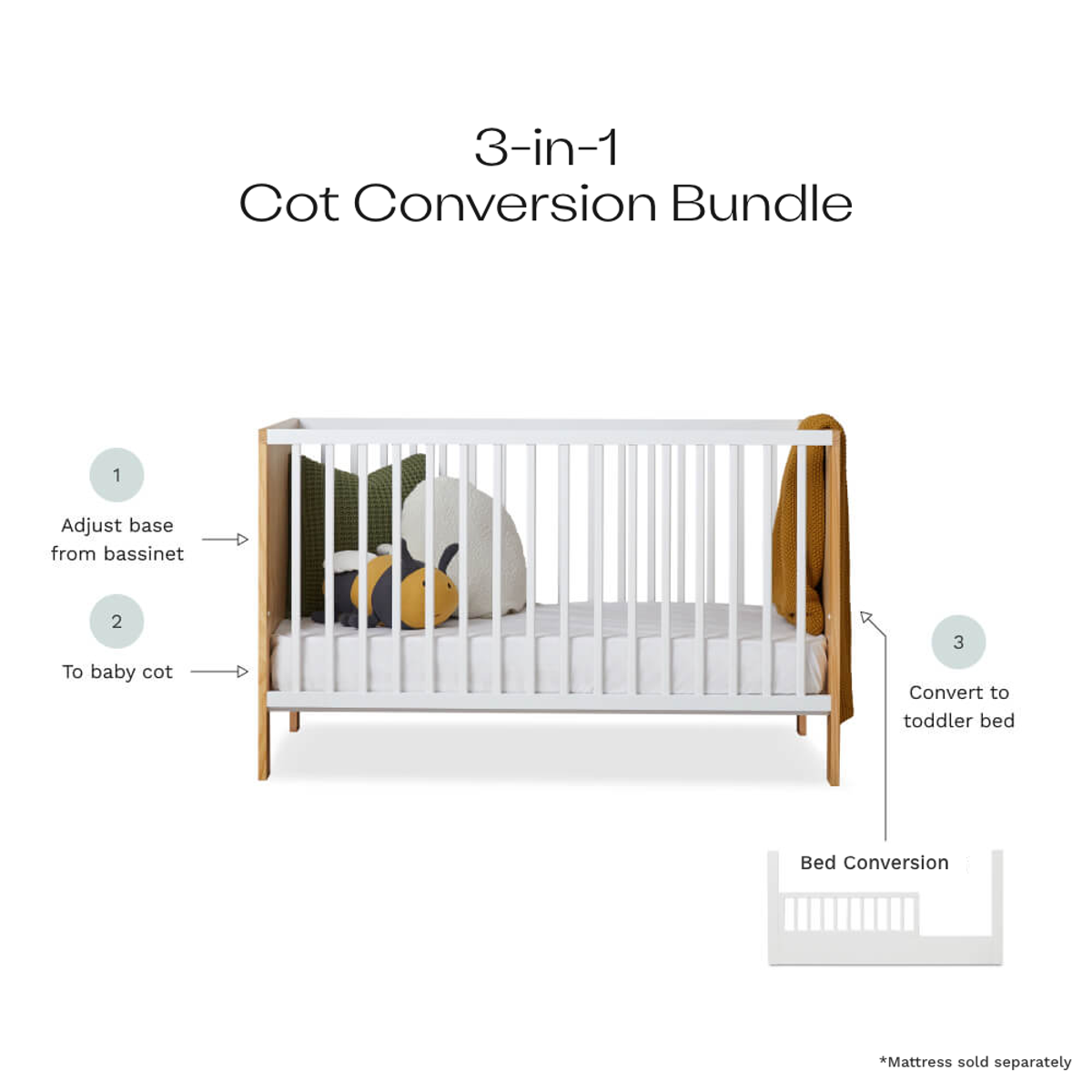 Aspiring White/Natural 3-in-1 Cot White Conversion Bundle - Mocka Australia