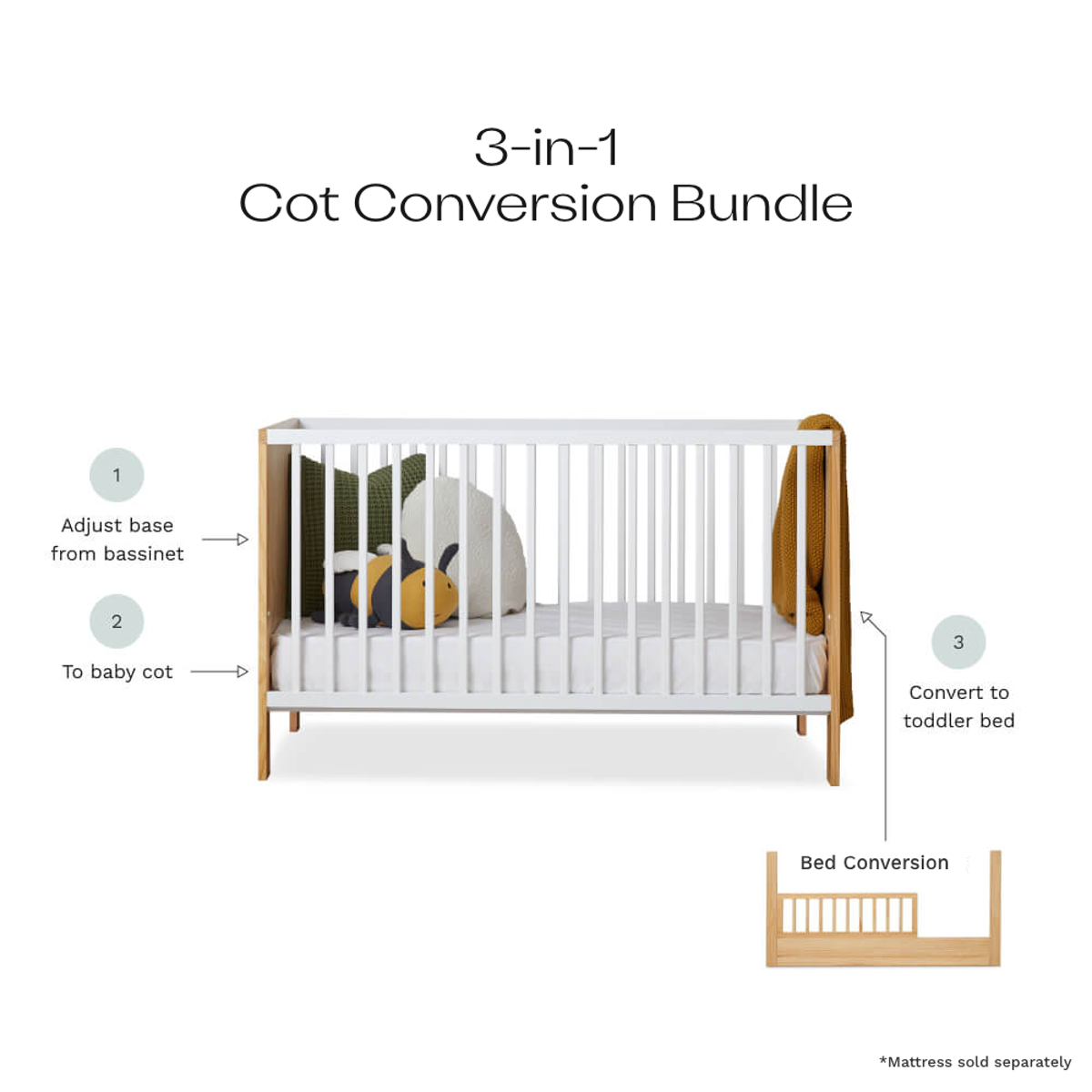 Aspiring White/Natural 3-in-1 Cot Natural Conversion Bundle - Mocka Australia