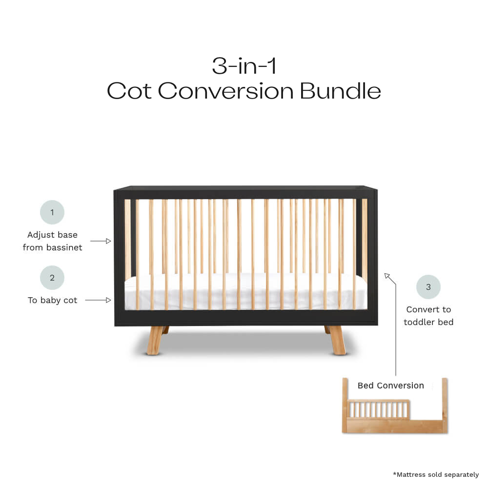 Aspen Black/Natural 3-in-1 Cot Conversion Bundle - Mocka Australia