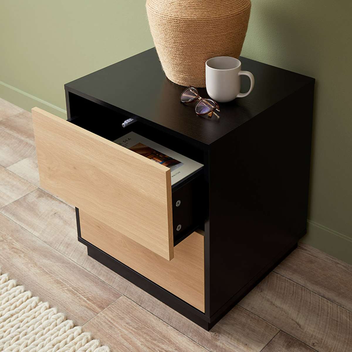 Avoca Two Drawer Bedside Table - Natural/Black