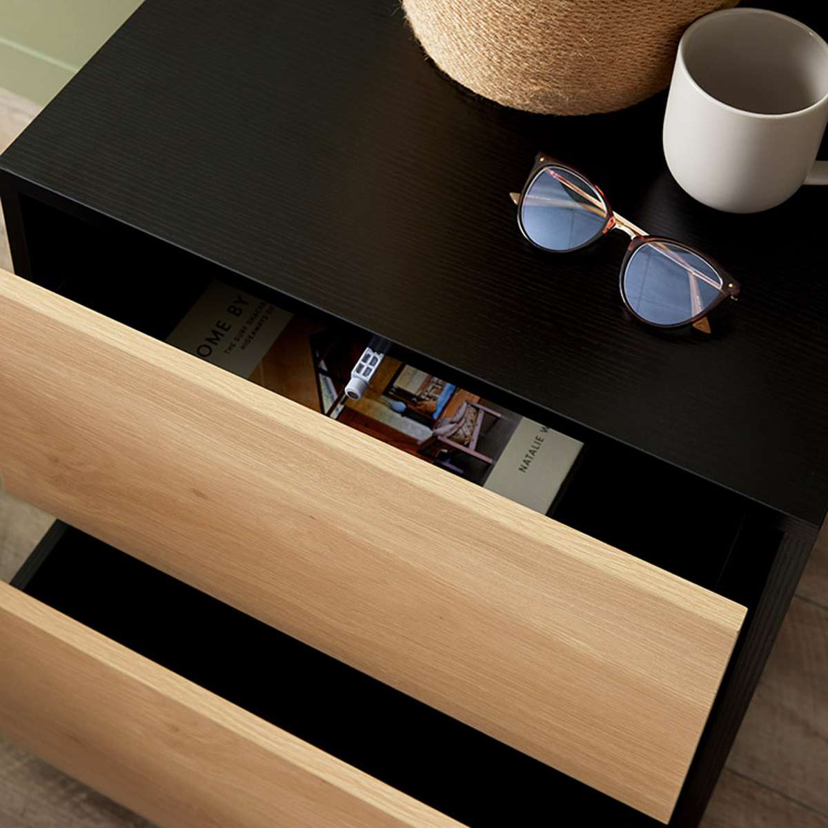 Avoca Two Drawer Bedside Table - Natural/Black