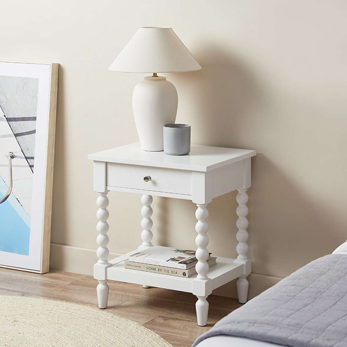 Bobbin Bedside Table - White