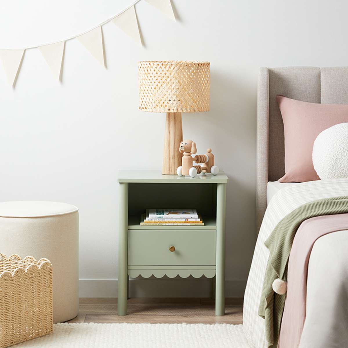 Maisie Scalloped Bedside Table - Sage Green