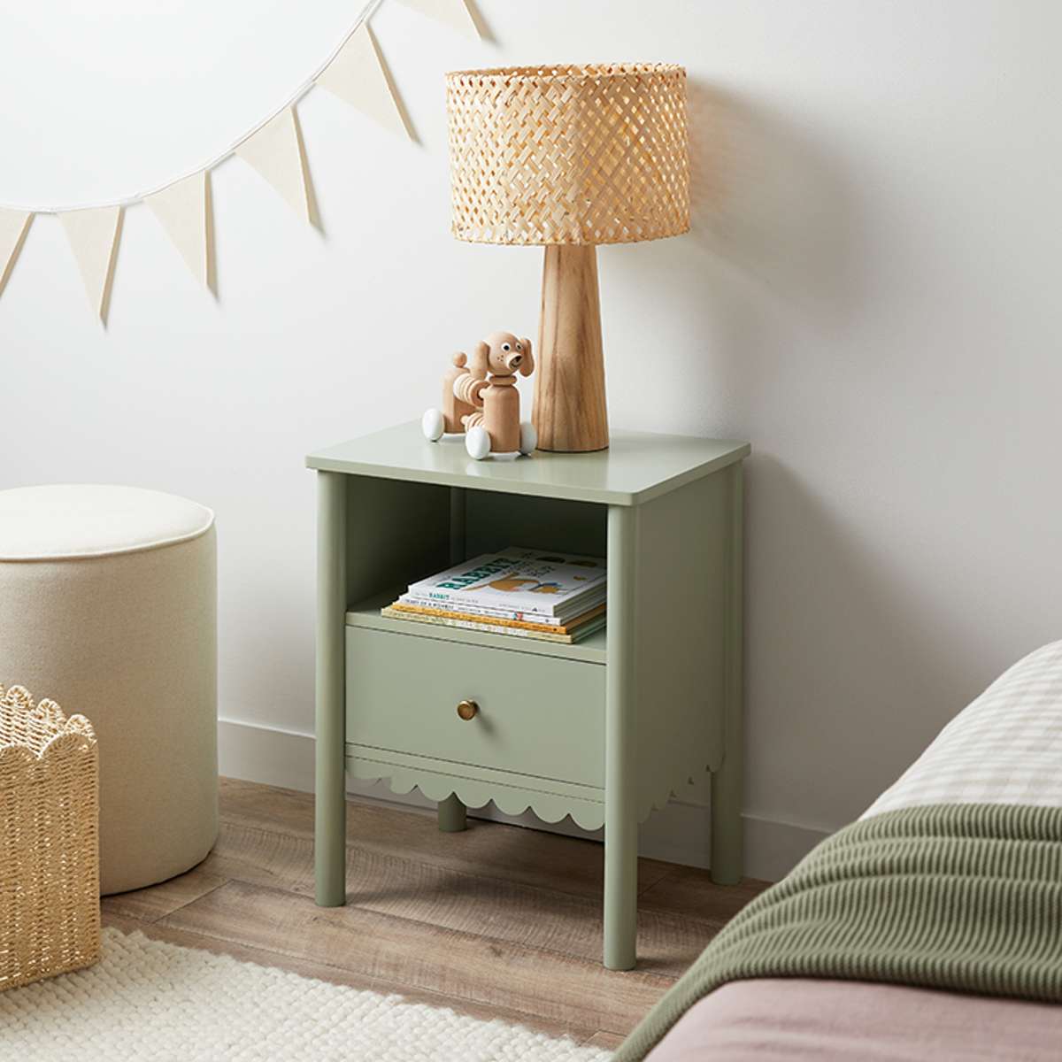 Maisie Scalloped Bedside Table - Sage Green