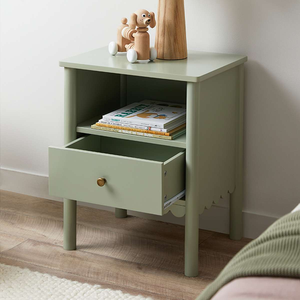 Maisie Scalloped Bedside Table - Sage Green