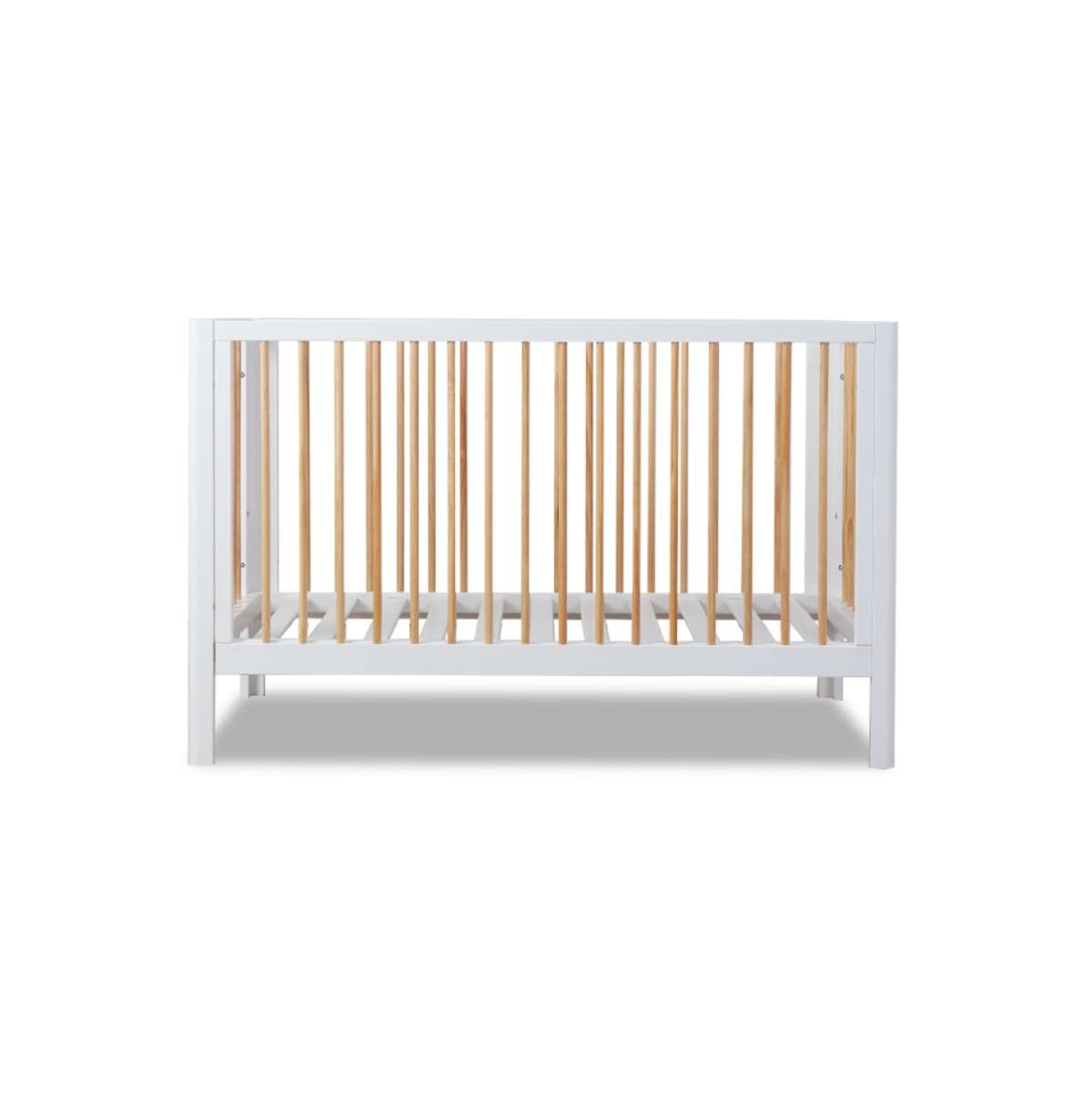 Fraser Coastal Cot in White/Natural, a stylish Mocka baby cot with 3-in-1 functionality, perfect for any Australian nursery.