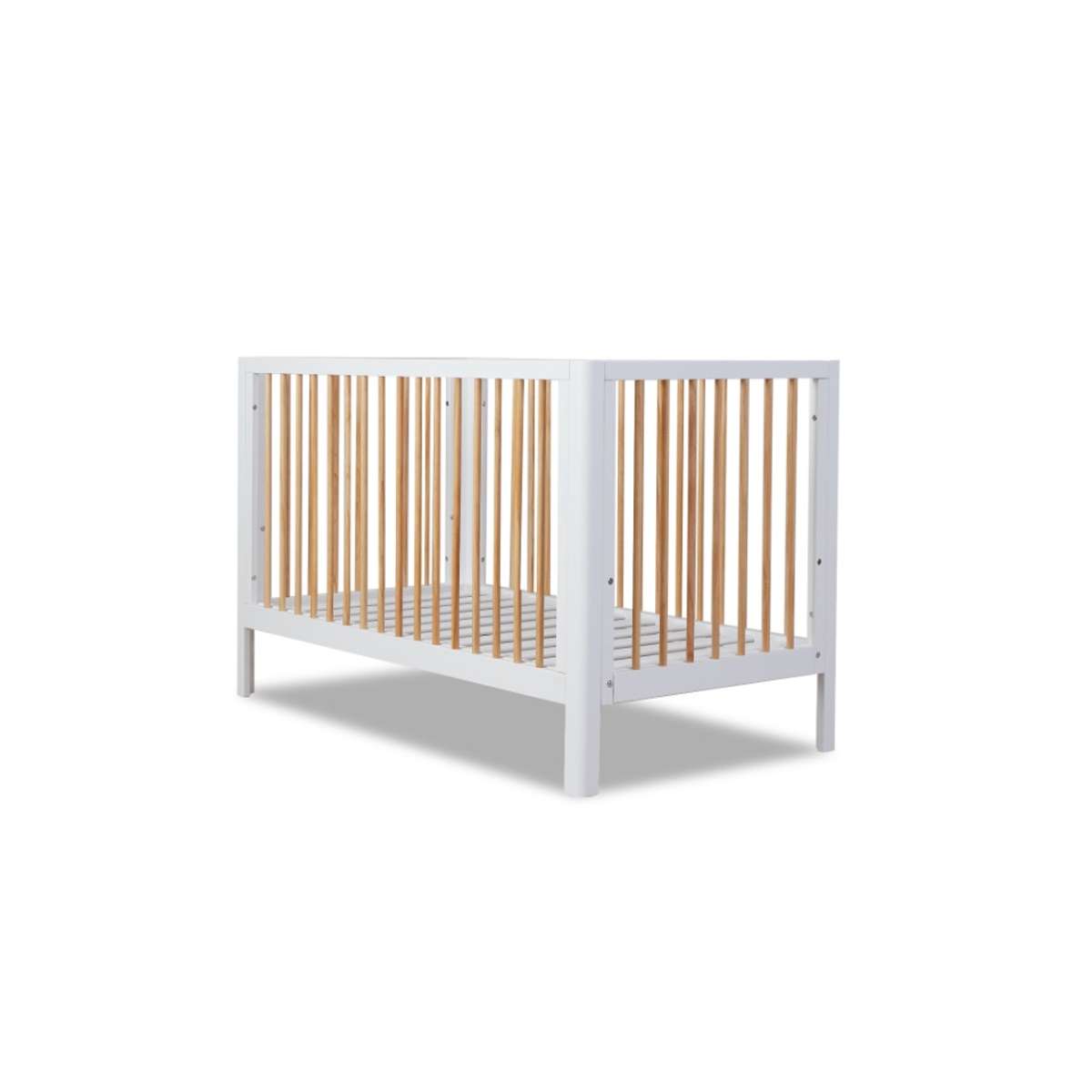 Fraser Coastal Cot in White/Natural with wooden frame, perfect Australian baby cot offering style and function.