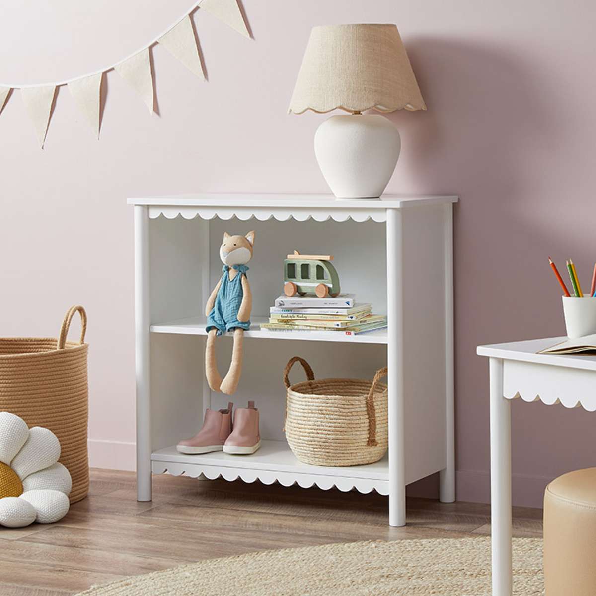 Mini Maisie Scalloped Low Bookcase - White