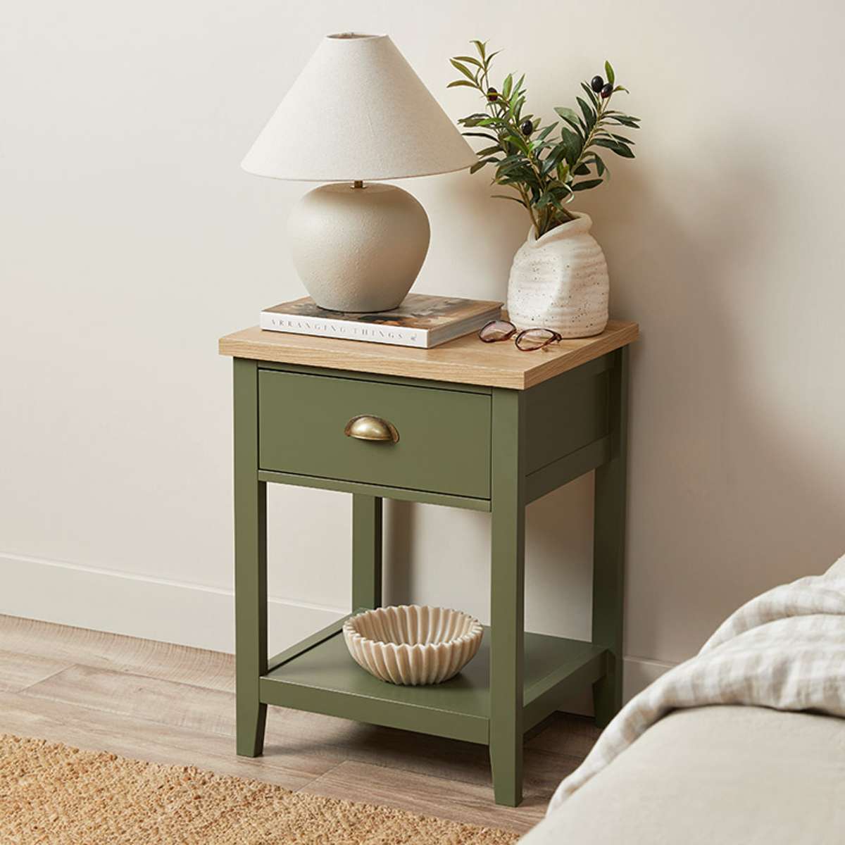 Hastings Bedside Table - Olive Green/Natural