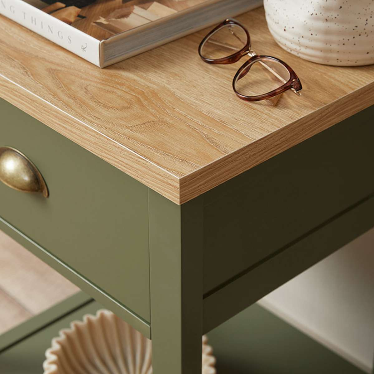 Hastings Bedside Table - Olive Green/Natural