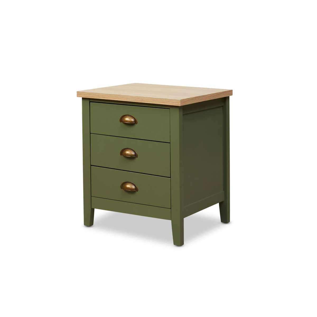 Hastings Three Drawer Bedside Table - Olive Green/Natural