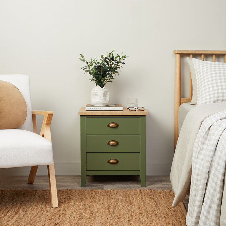 Hastings Three Drawer Bedside Table - Olive Green/Natural