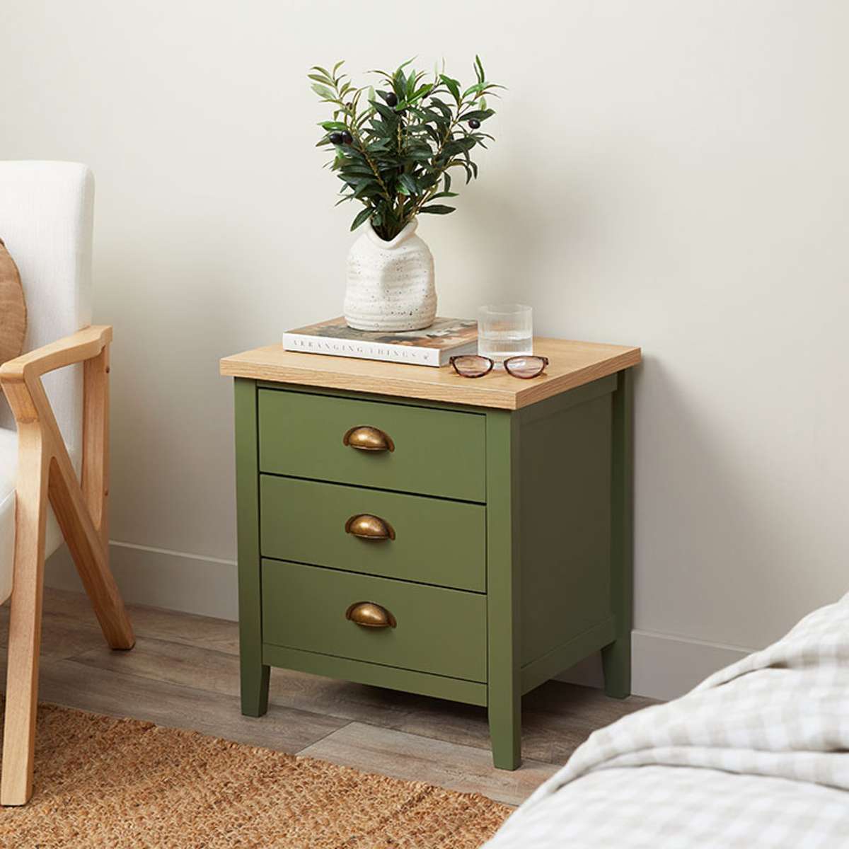 Hastings Three Drawer Bedside Table - Olive Green/Natural