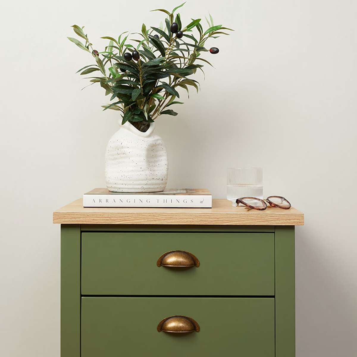 Hastings Three Drawer Bedside Table - Olive Green/Natural