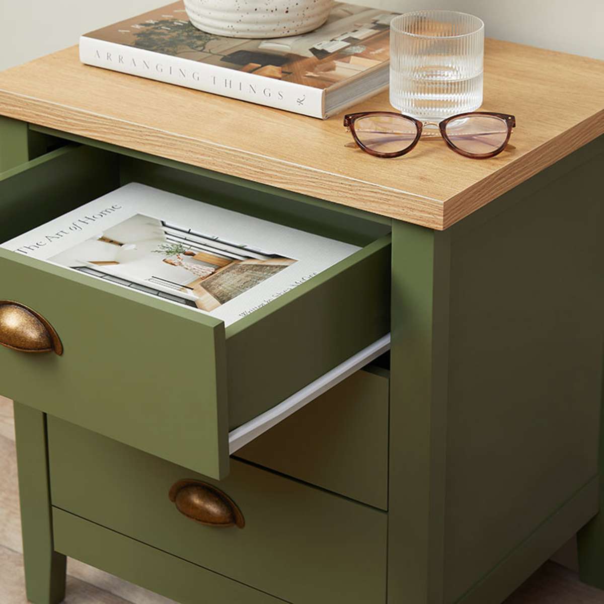 Hastings Three Drawer Bedside Table - Olive Green/Natural