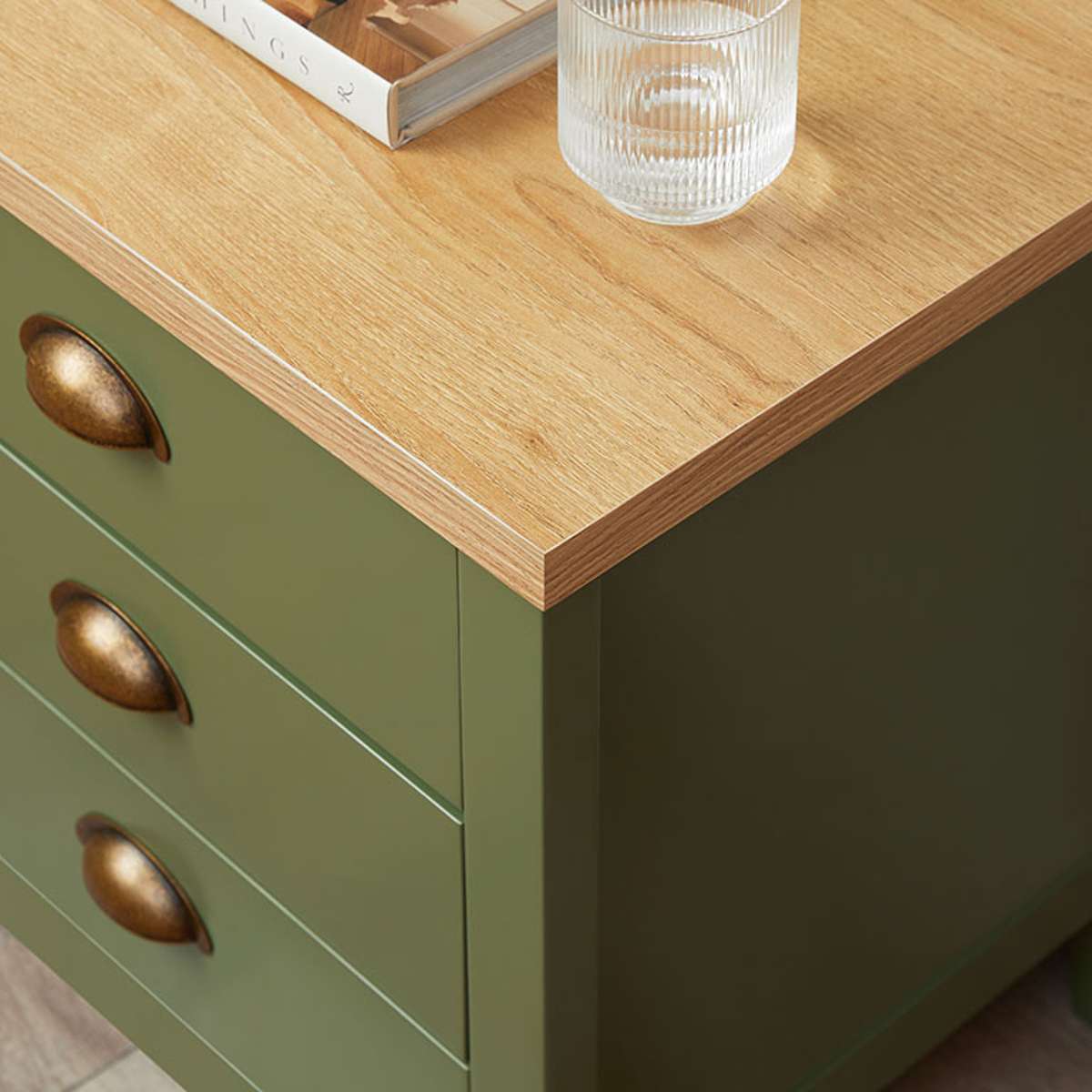 Hastings Three Drawer Bedside Table - Olive Green/Natural