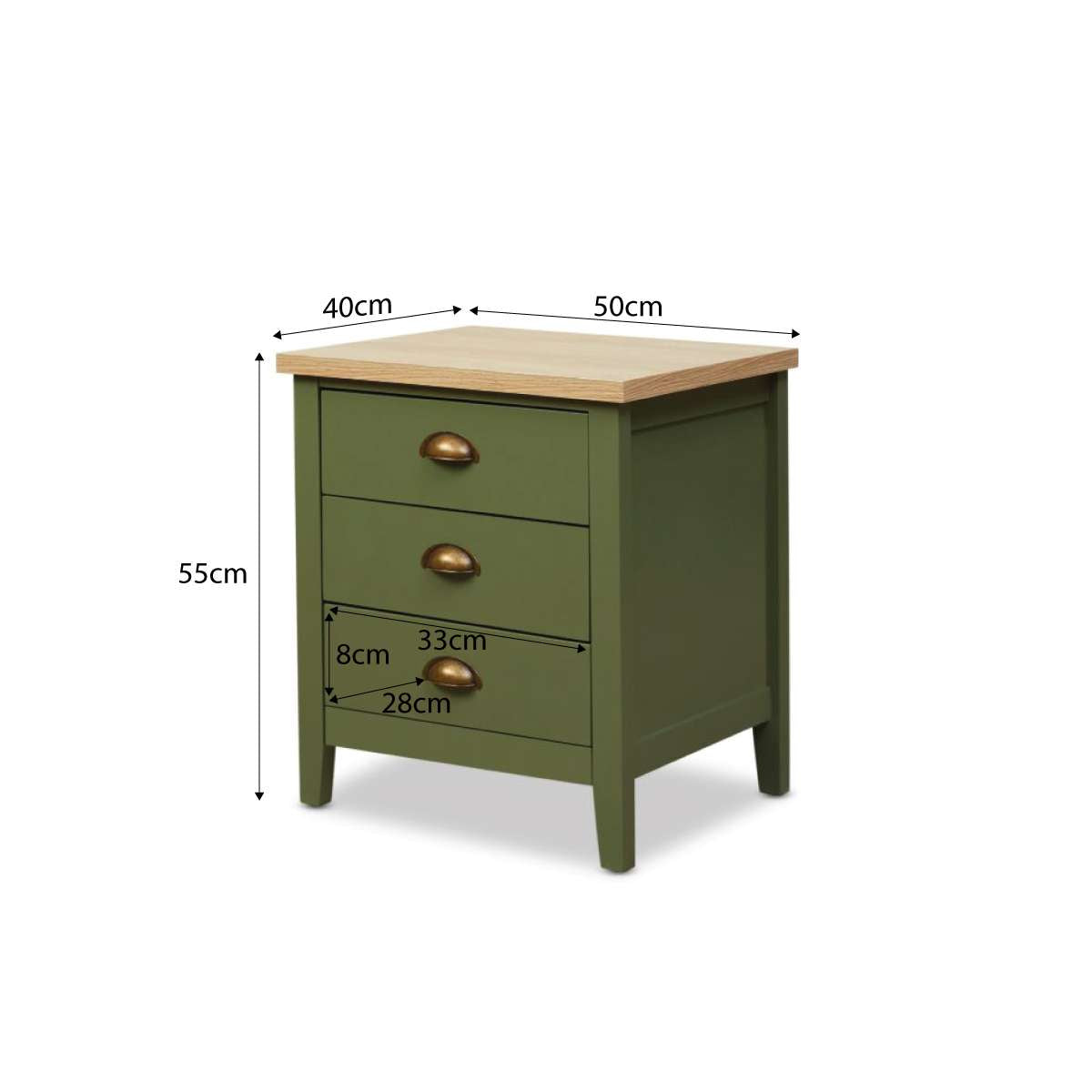 Hastings Three Drawer Bedside Table - Olive Green/Natural